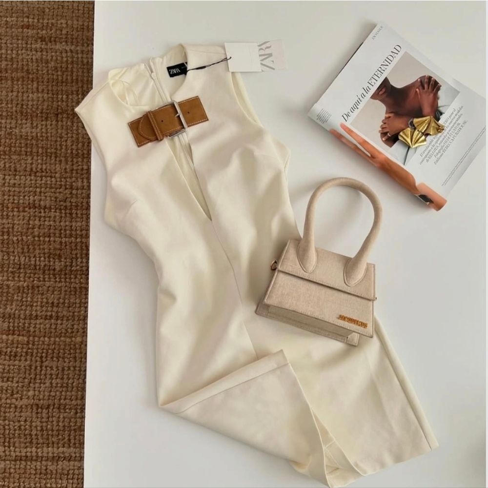 Zara Cream Sleeveless Mini Dress with Tan Belt Detail